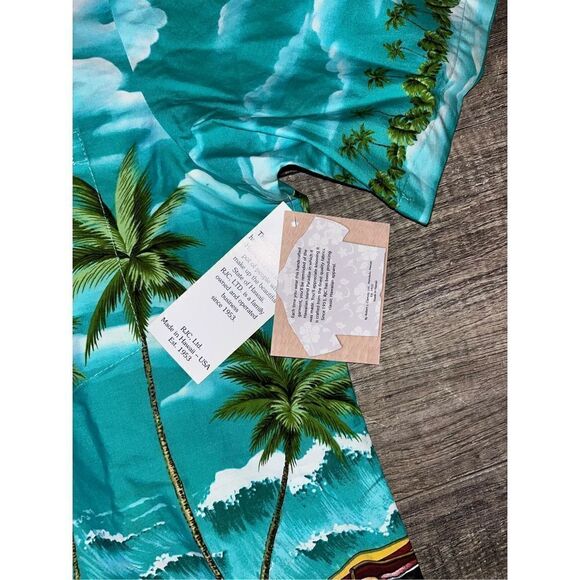 NWT Men’s RJC Hawaiian Shirt Large Blue Beach Made in Hawaii - Picture 3 of 4